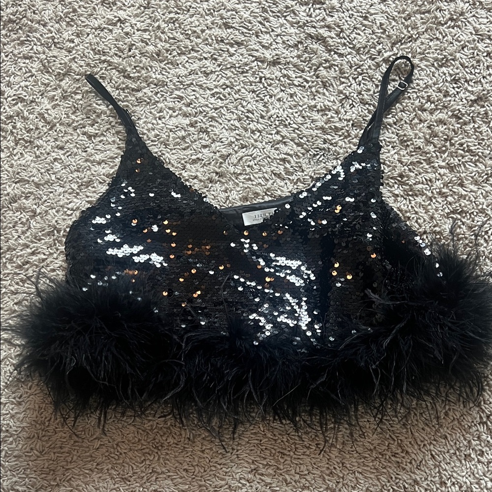 Black Sequin Feather Trim Crop Top